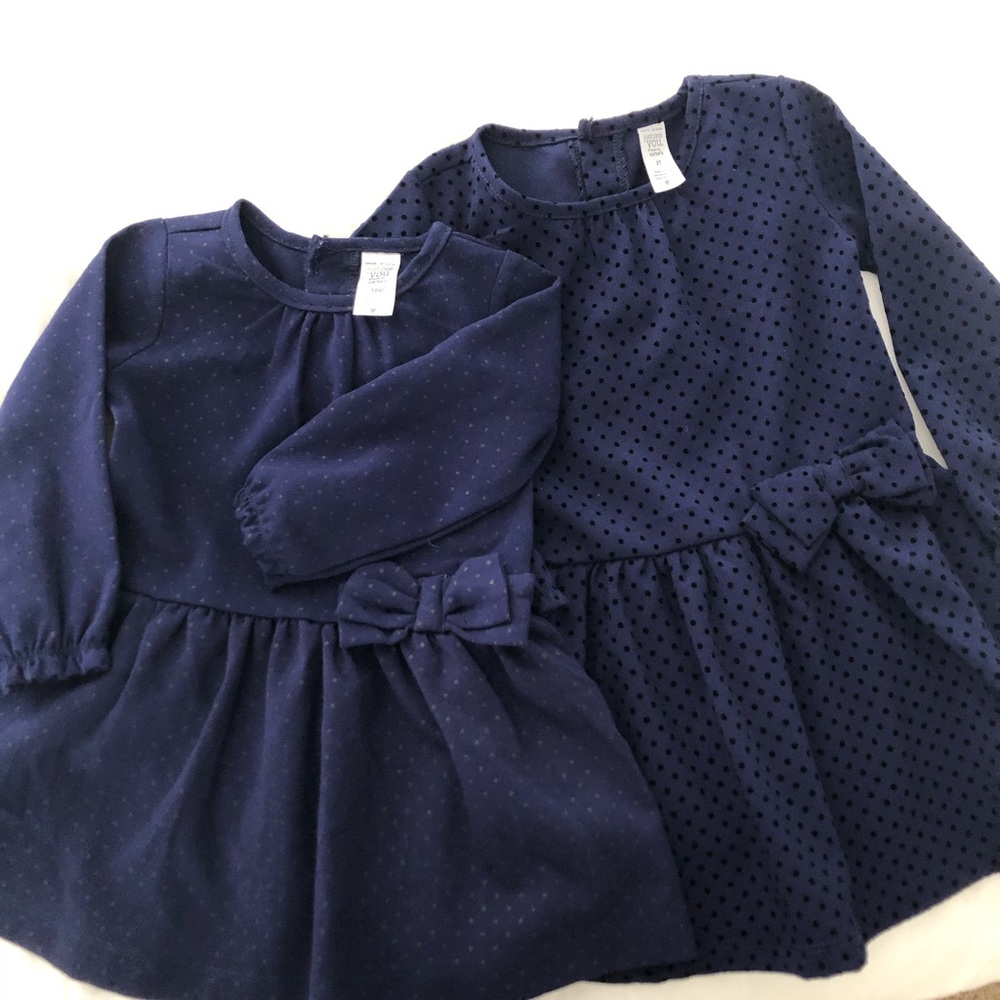 18 mo and 2t navy with black Swiss dot dresses